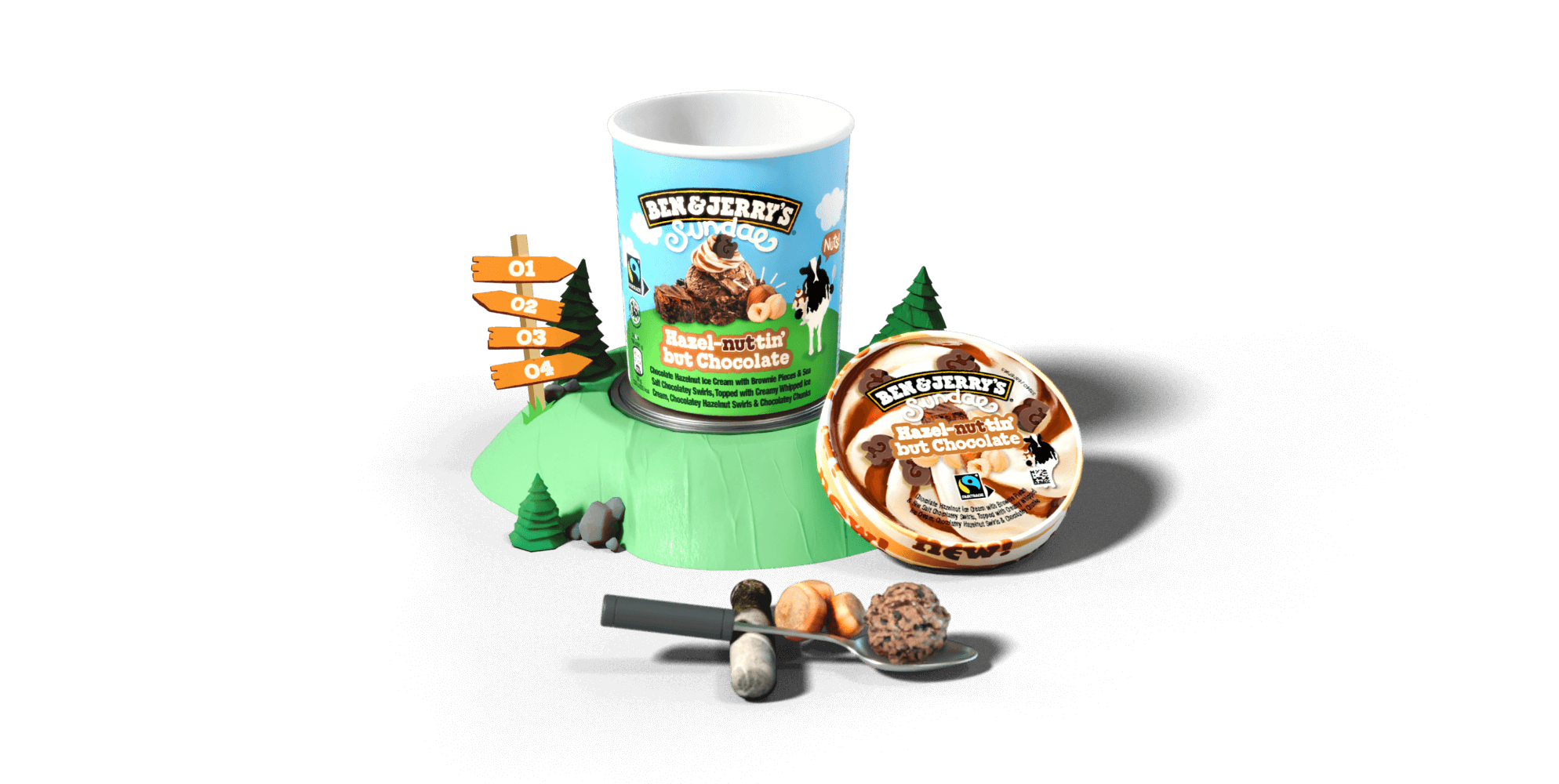 Rock Paper Reality 3D render of an island built around a tub of Ben & Jerry's ice cream surrounded by trees, hazelnuts and a spoon