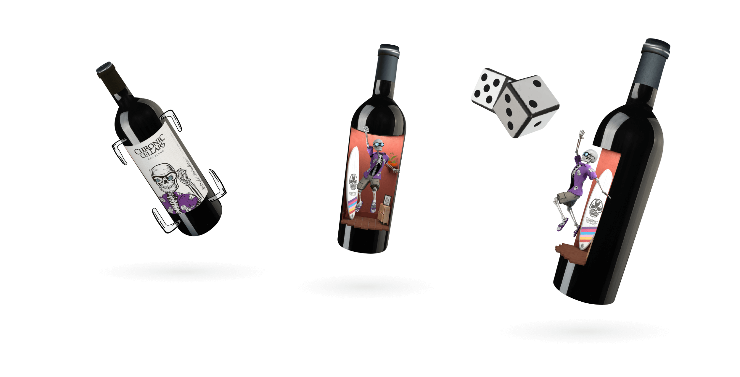 Chronic Cellars - Hero Image - Tracking Image - Wine Bottle - Packaging - Skeleton - Purple - Environment - AR - Augmented Reality - Dice - Motion - Surf Board