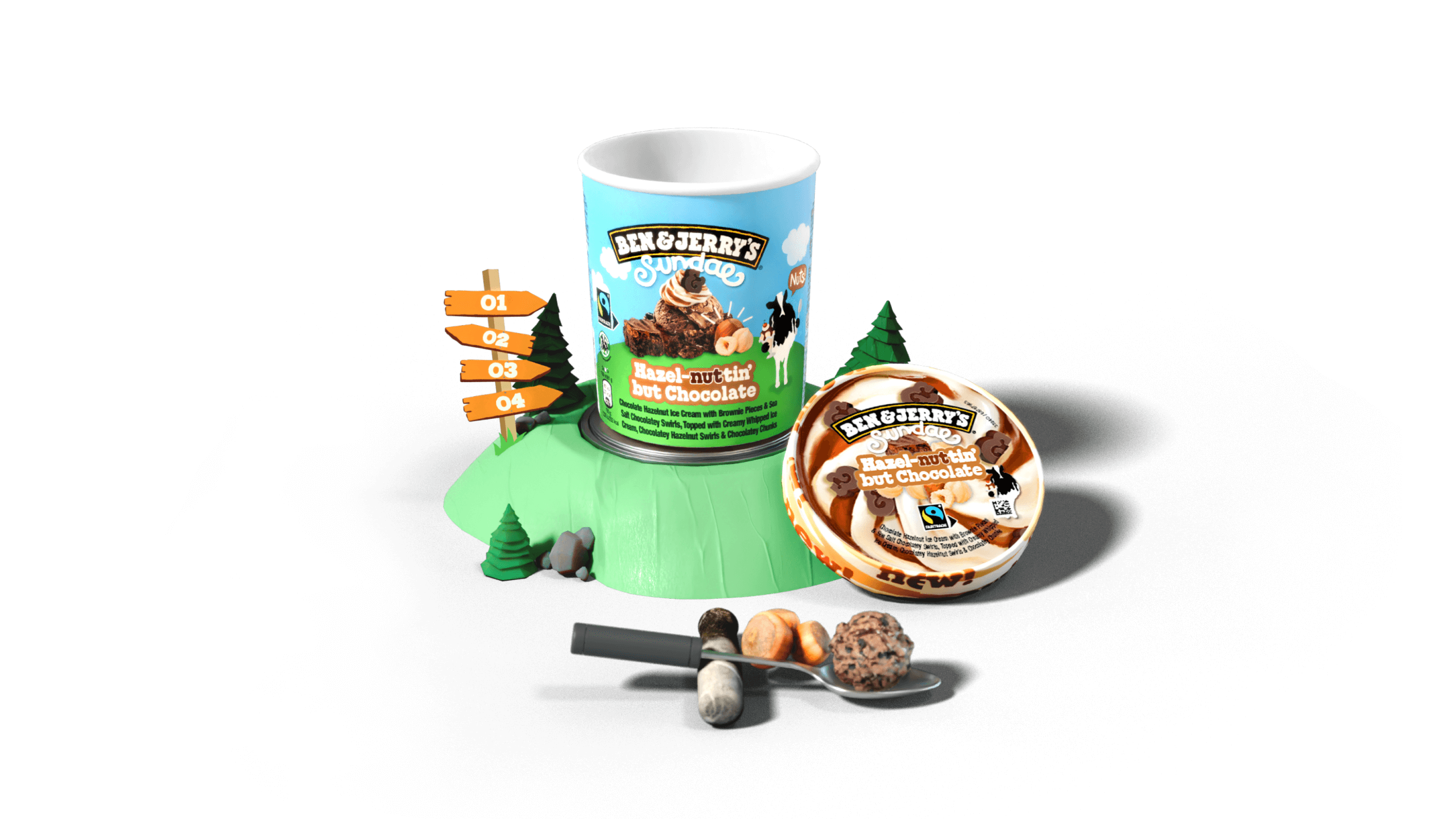 3D spoon and tub of Ben & Jerry's Sundae sitting on a hill