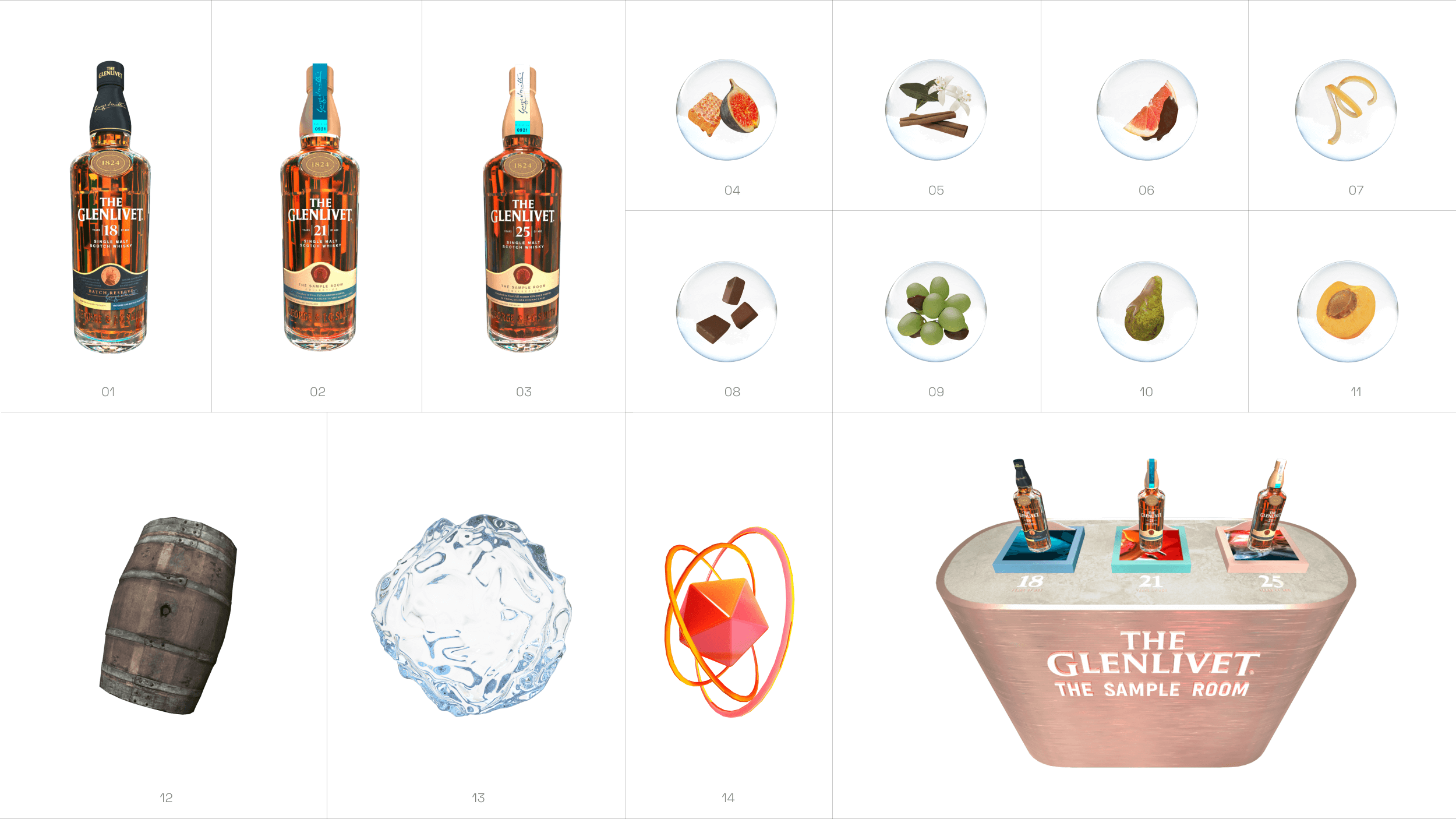 The Glenlivet - Unique Asset Gallery - 3D A - Tasting Room - Assets - Flavor Profile - Notes - Bottles - Barrel - Table - Logo