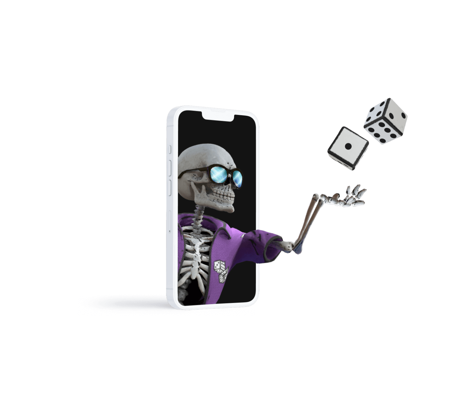 Web AR skeleton wearing a purple bowling shirt emerging from a phone, throwing dice into the air